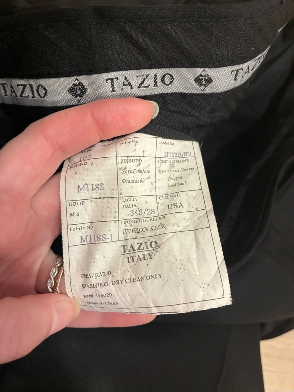 Tavio Men’s Two Button Black Two Piece Suit Size 36S/28x29
